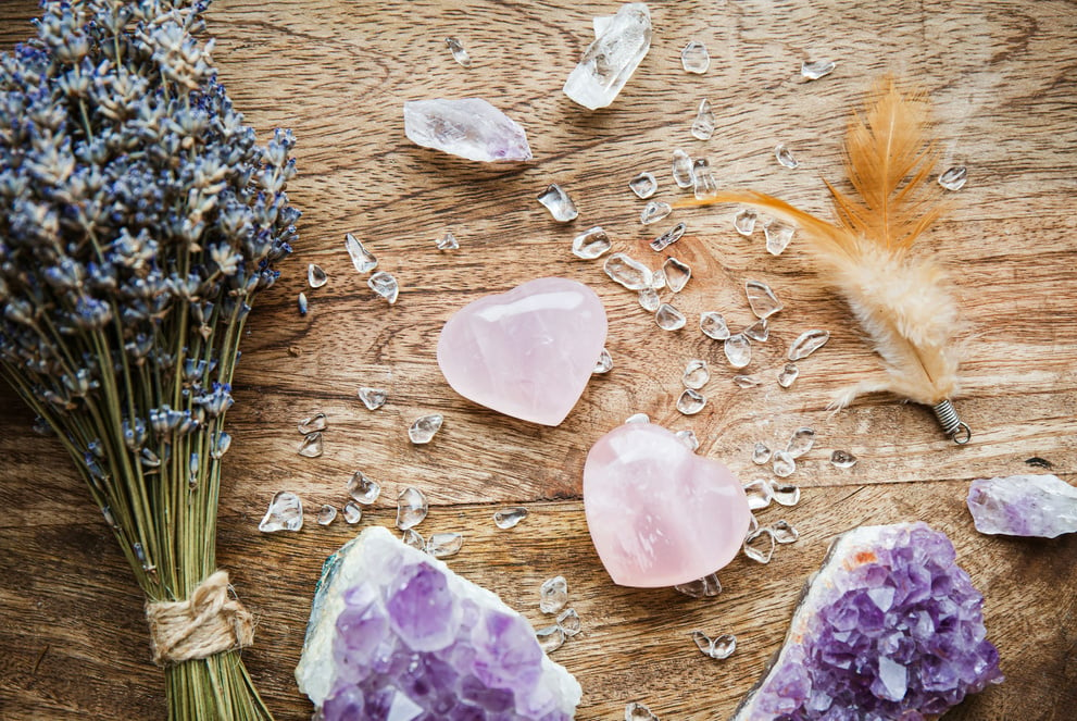 Rose quartz crystals on tray at home, Attract love, healing